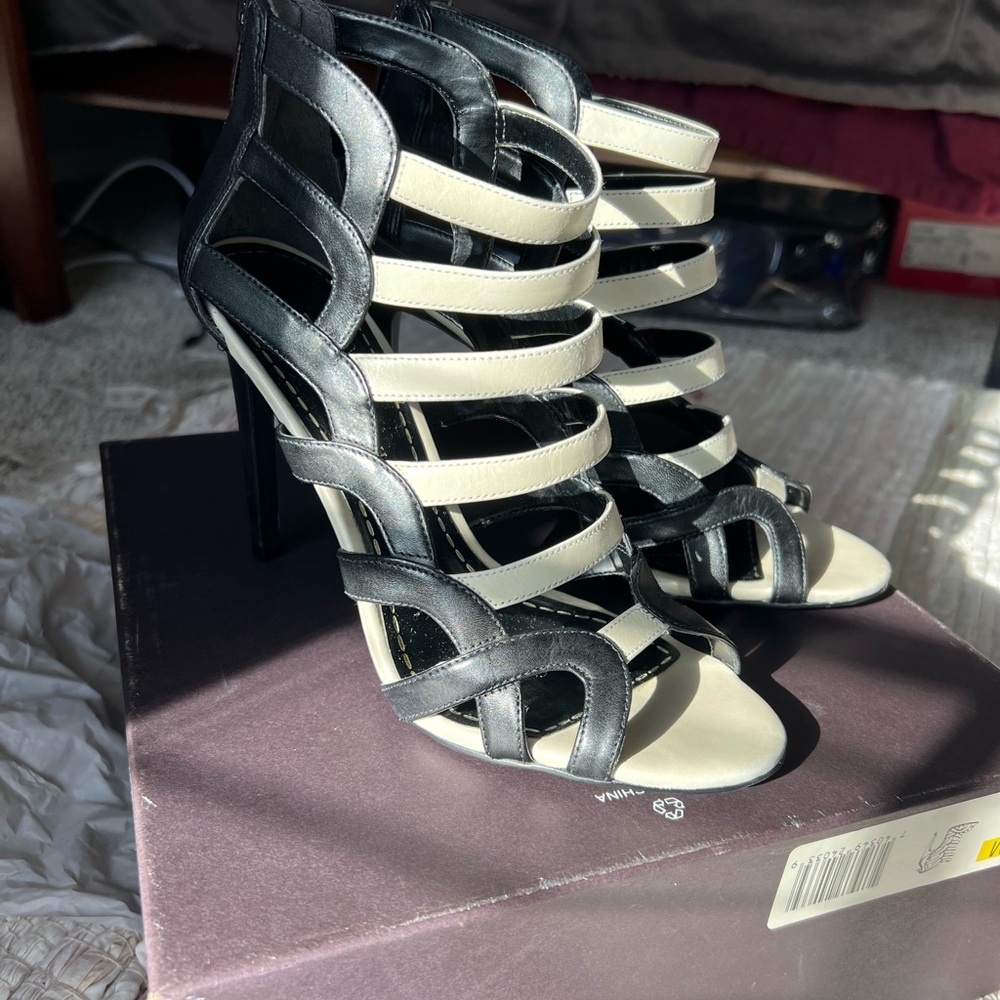 Enzo Angiolini Leather Strappy Caged Heel Black and White 8